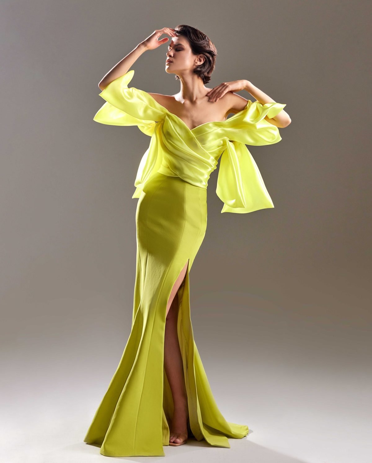 Lime Crepe Dress with Exaggerated Off Shoulders