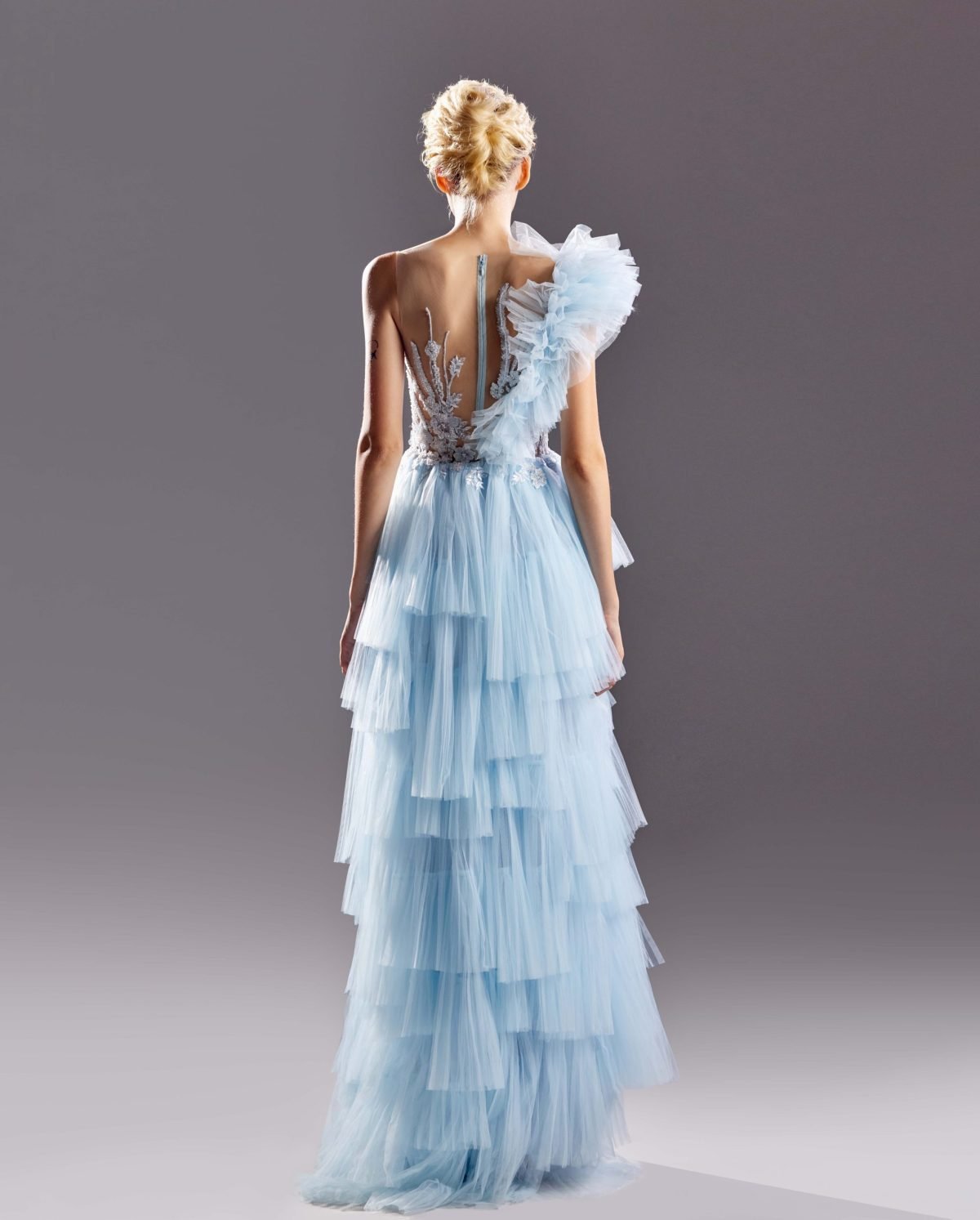 Floral Lace and Layered Tulle Blue Dress