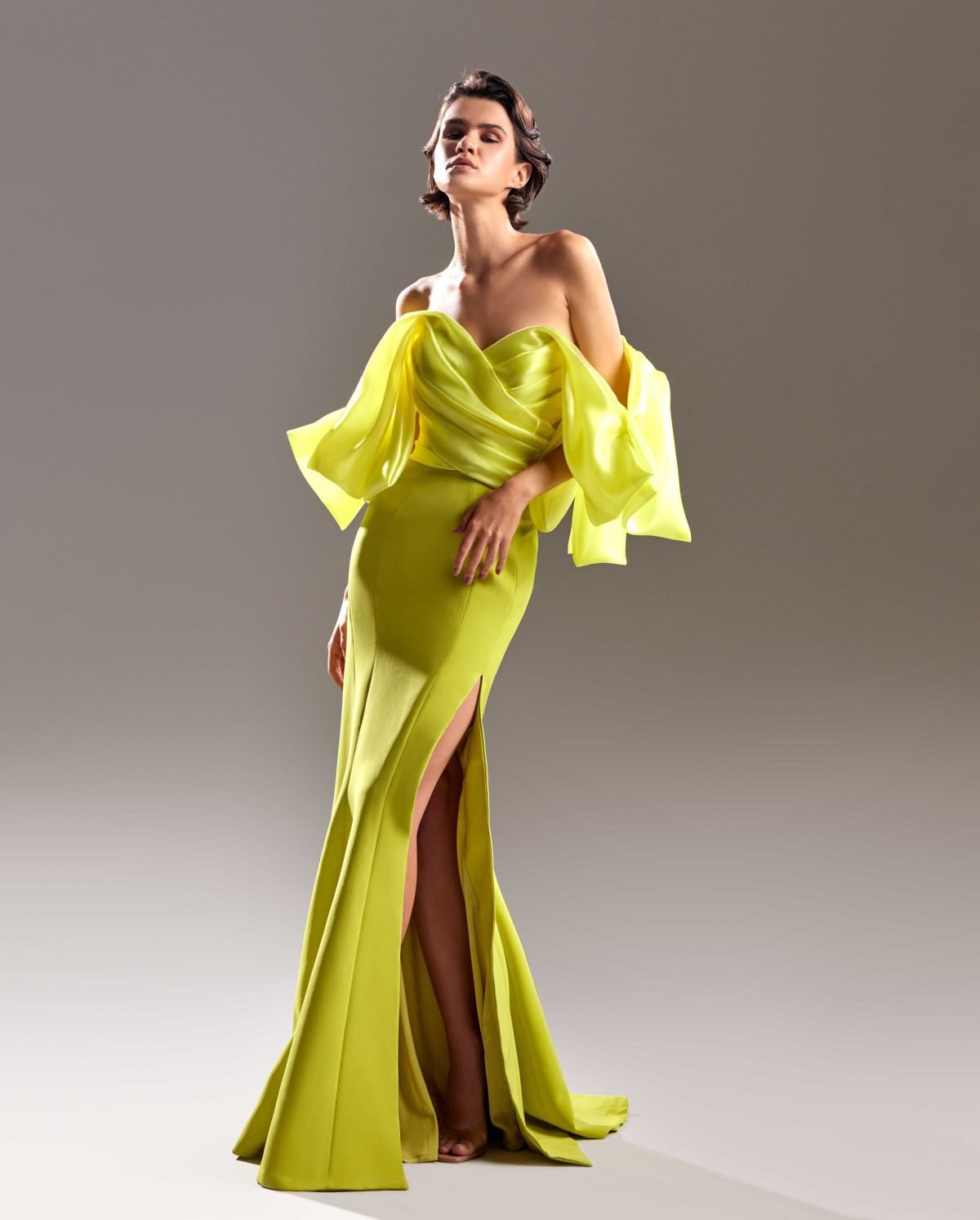 Lime Crepe Dress with Exaggerated Off Shoulders