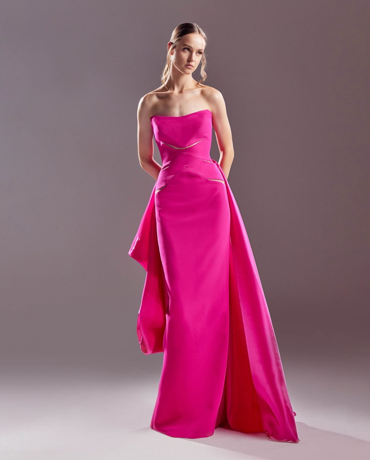 Strapless See Through Cutouts Fuscia Dress