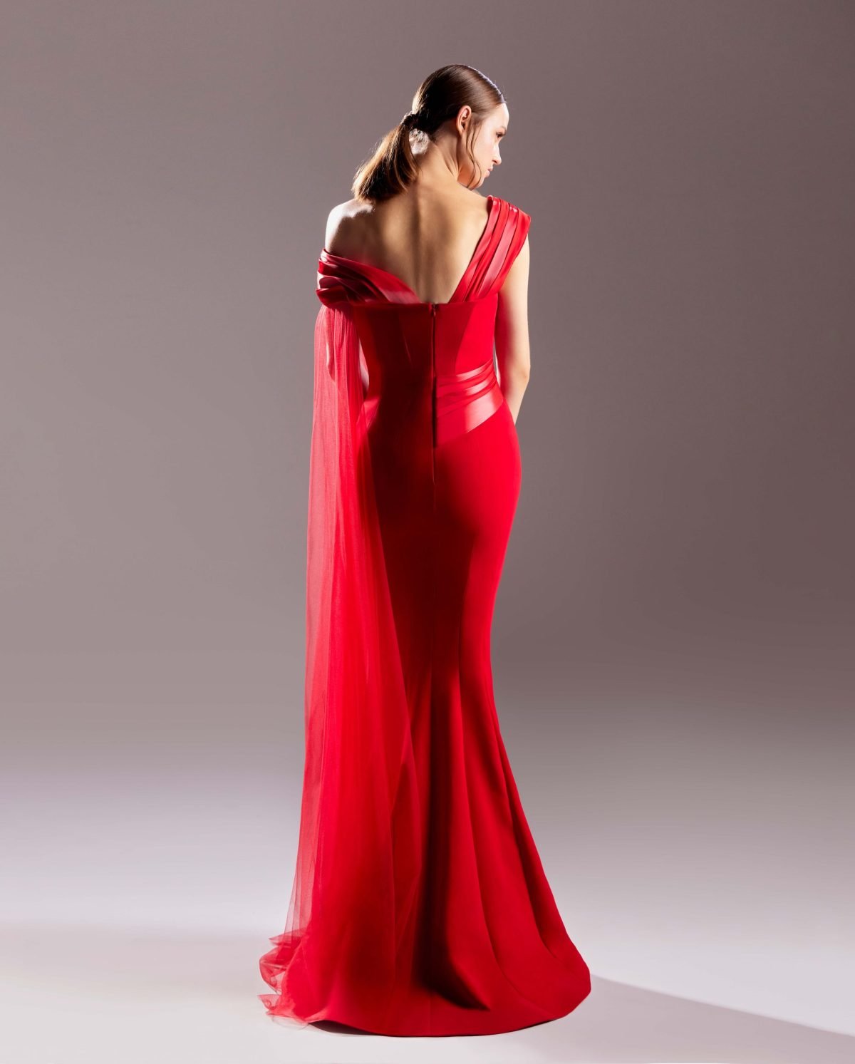 Red Organdie Dress with Floor-Sweeping Shawl