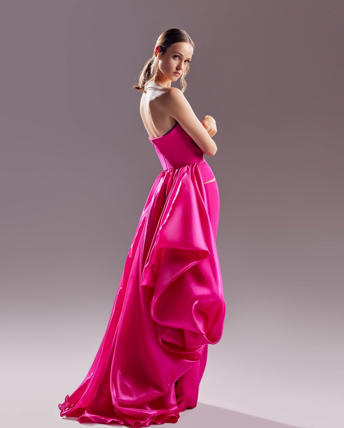 Strapless See Through Cutouts Fuscia Dress