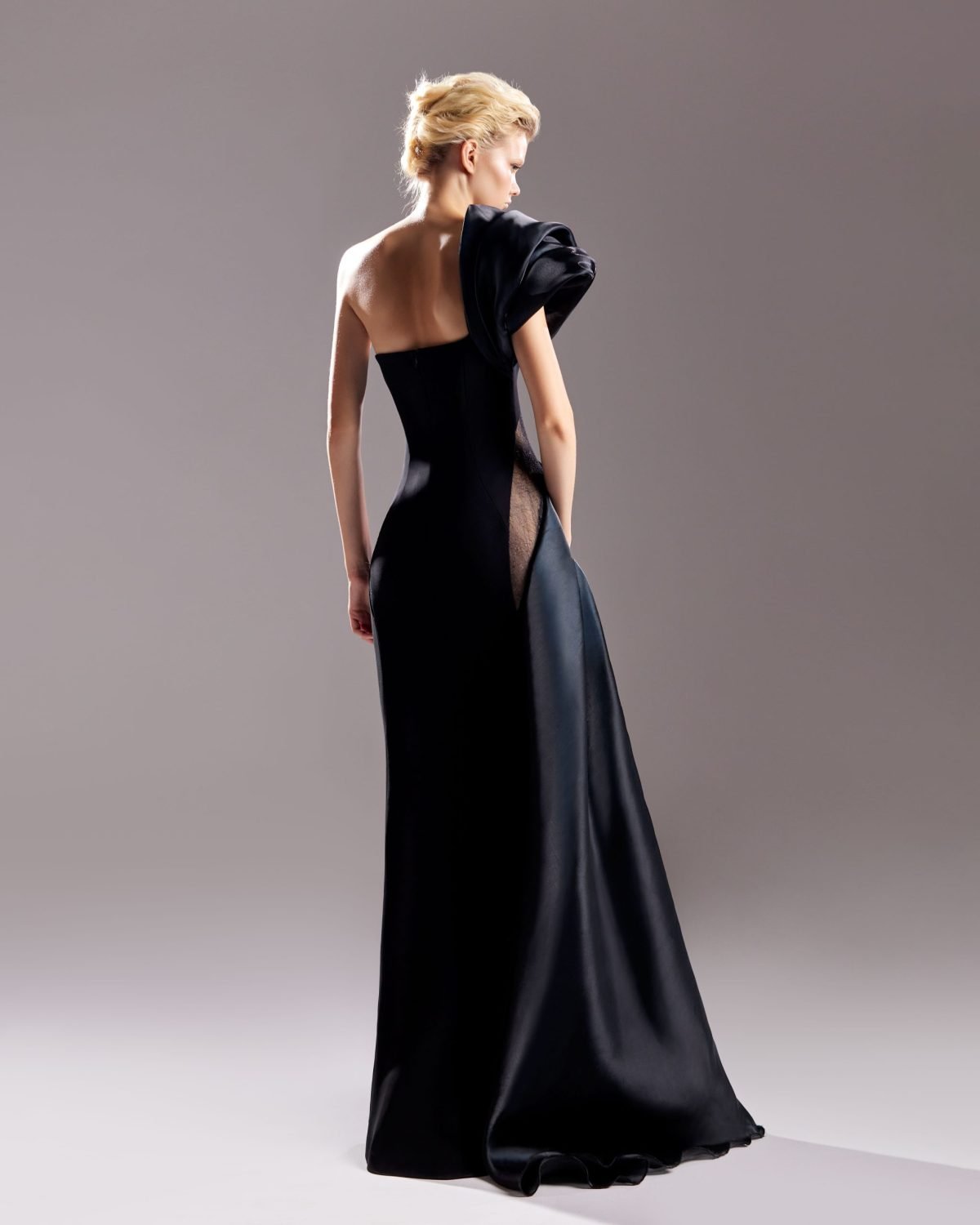 Dentelle Cut Outs with Organdie Drapery Black Dress