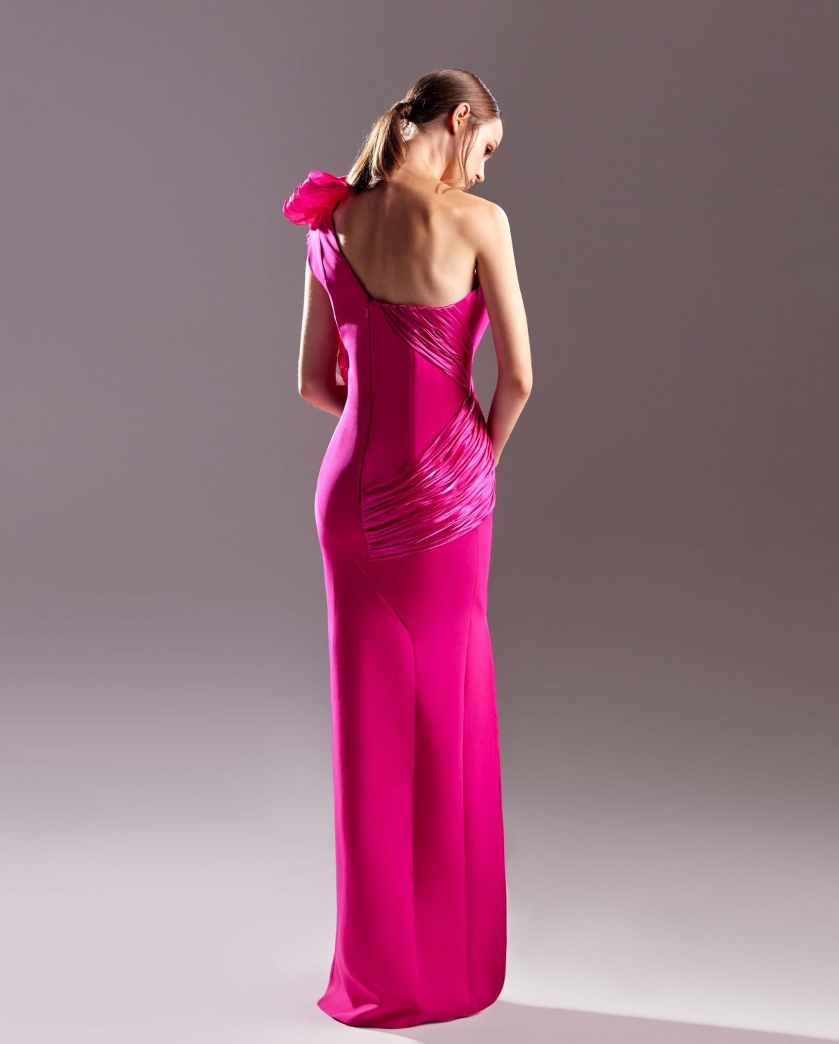 Blossoming Shoulder Crepe Fuscia Dress