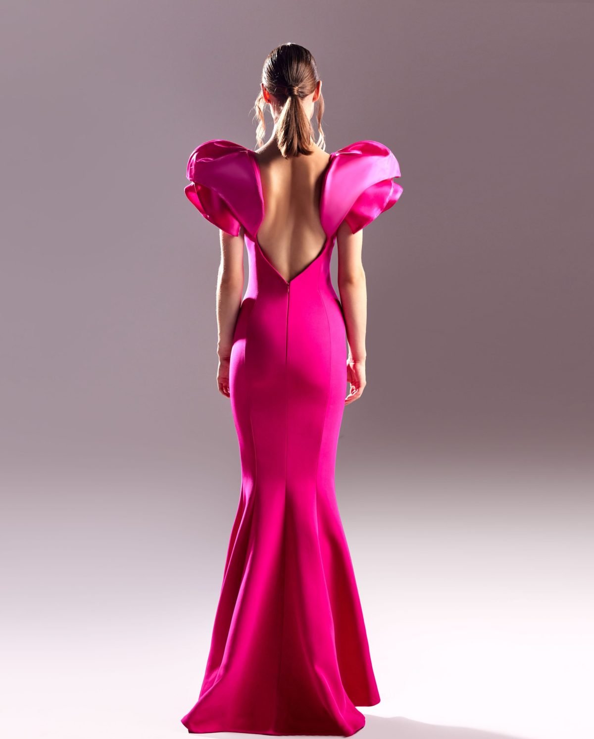 Blooming Shoulders Deep V Fuscia Dress