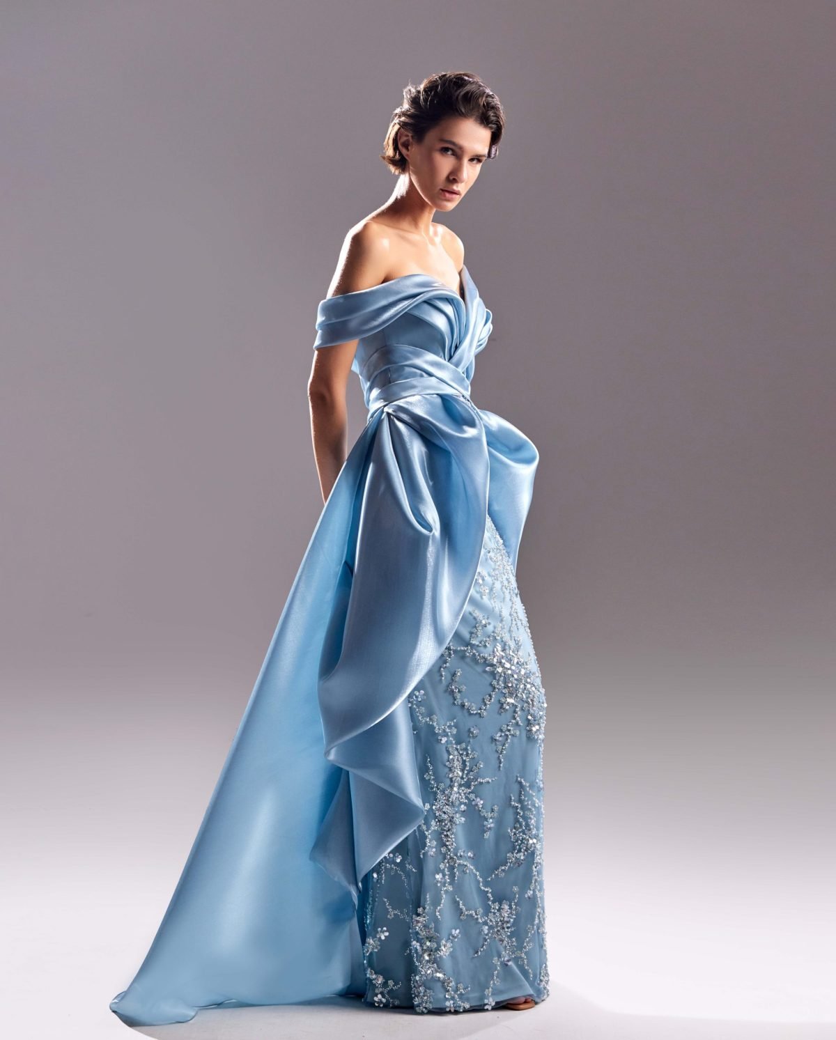 Sequined Lace and Organdie Fountain Blue Dress