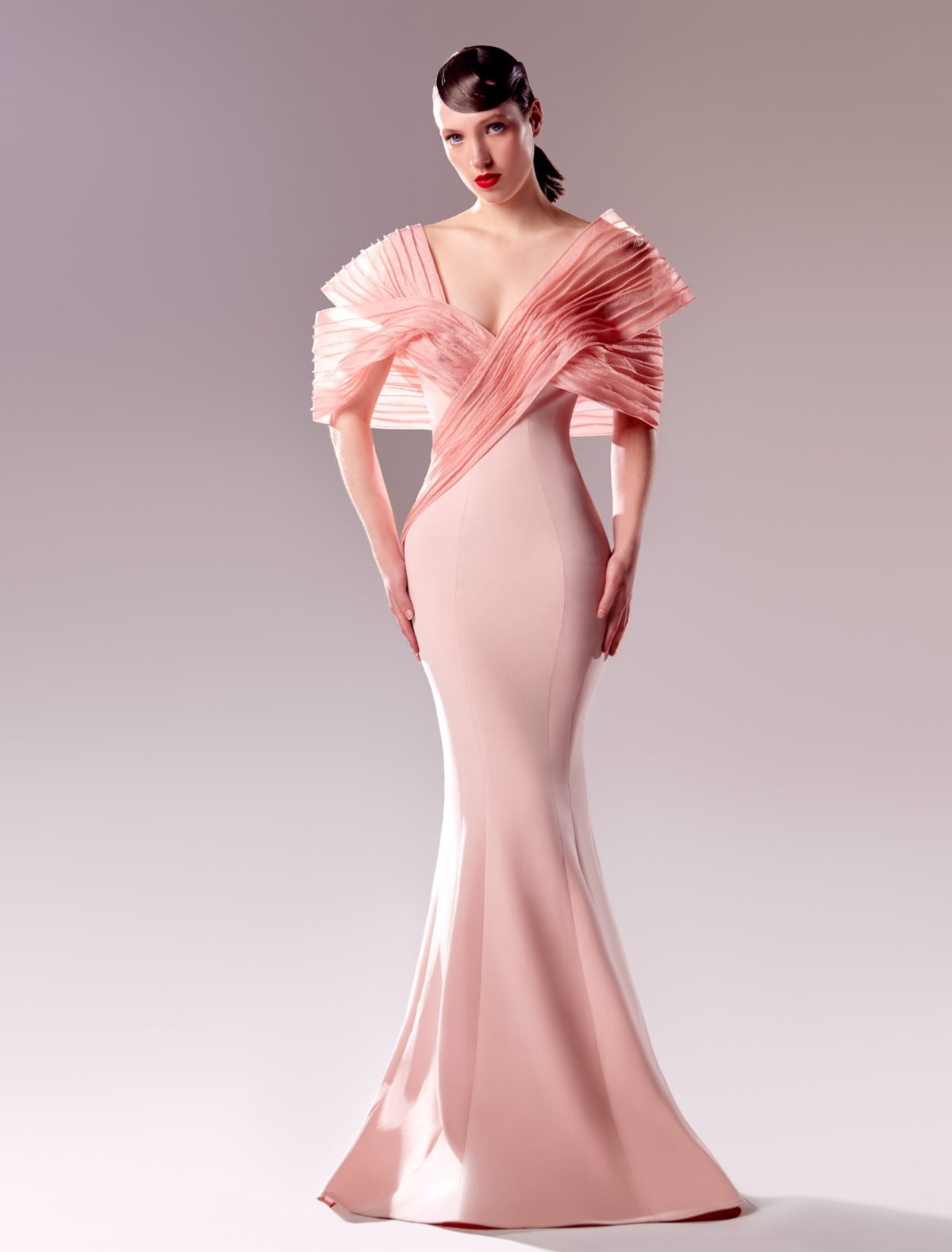 Pink Mermaid Dress with Ribbed Crinkle Organza Shoulders