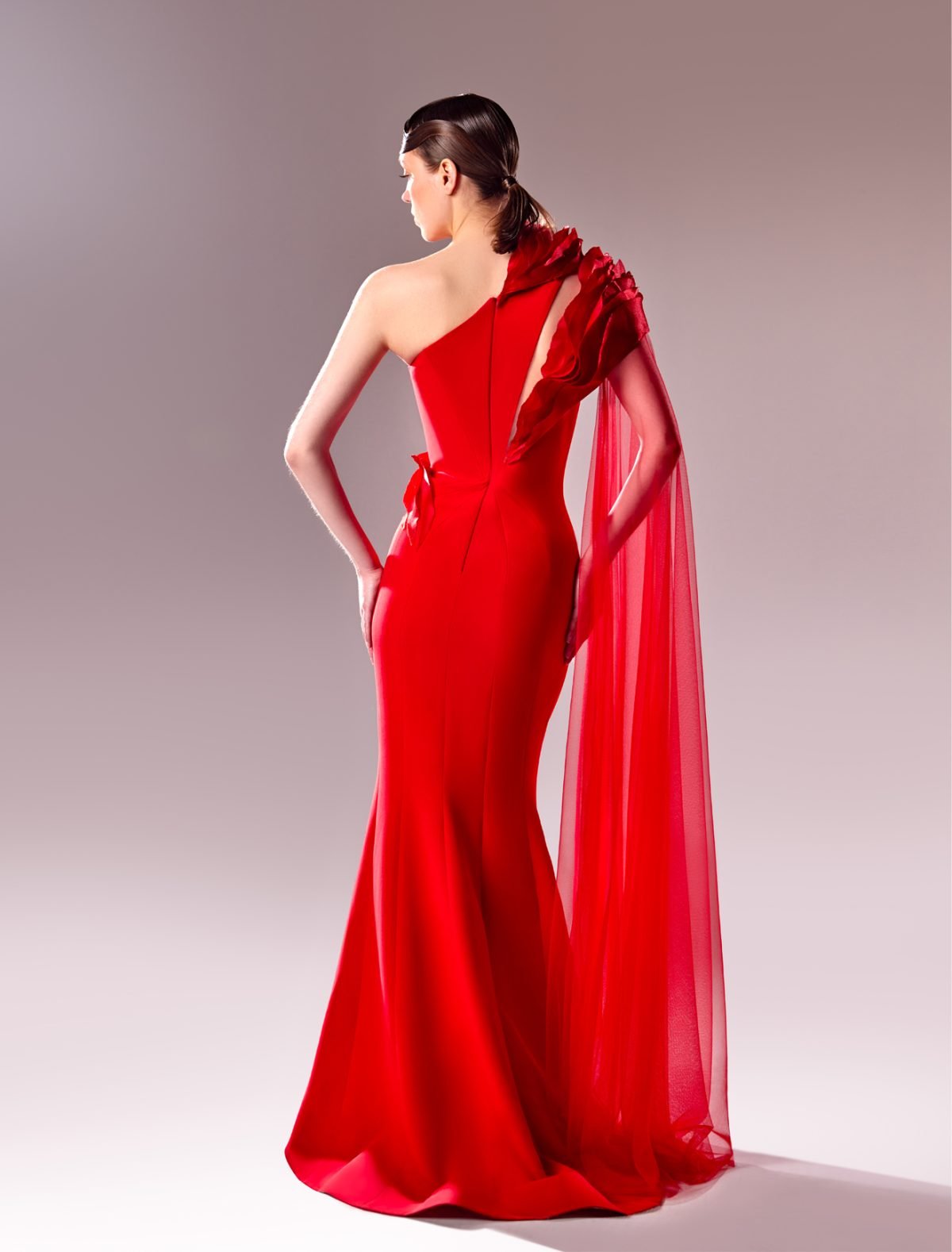 Mermaid Evening Dress with Organza Inserts and Tulle Sleeve in Red