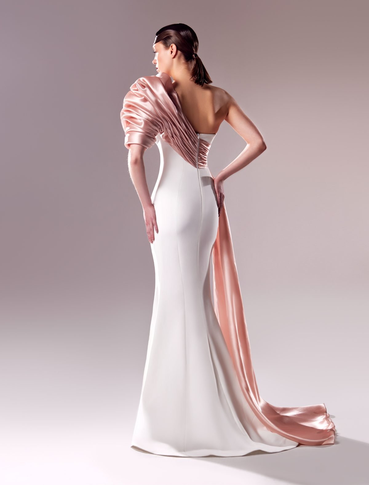 White Mermaid Dress with One-Shoulder Organdie Draping
