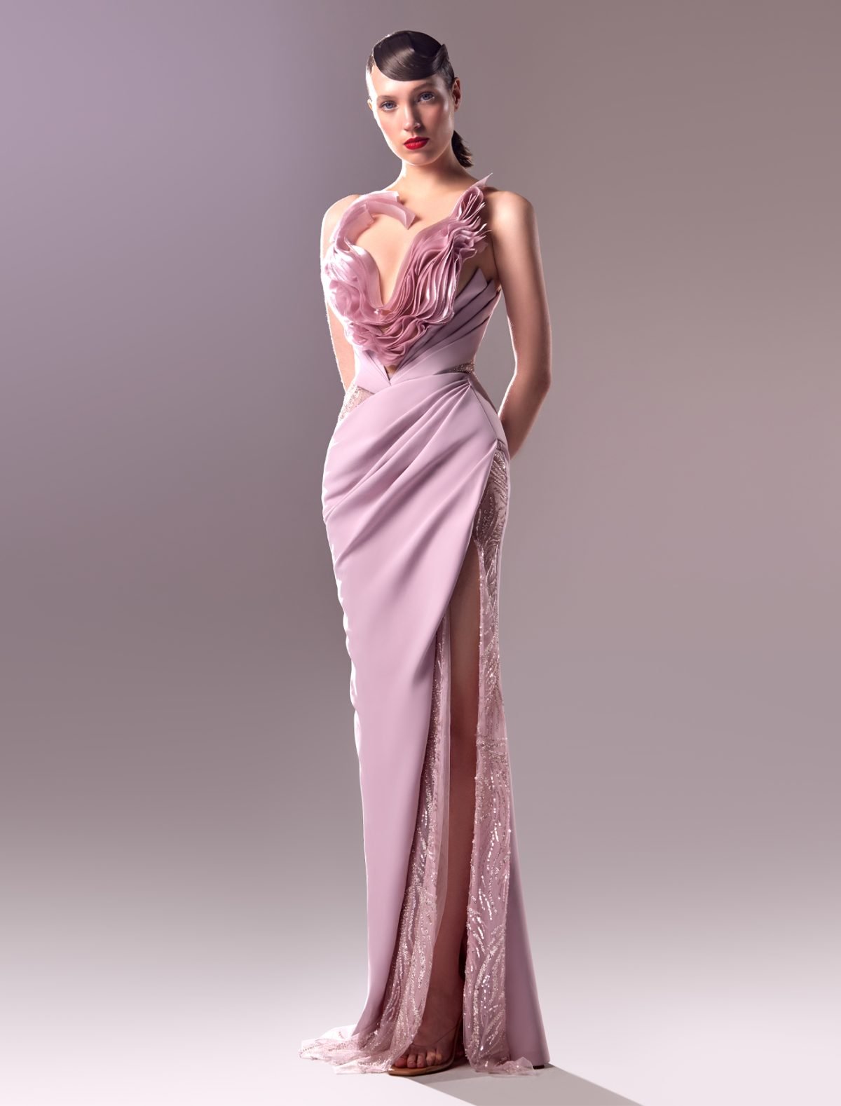 Lace and Organdie Pink Draped Dress for Elegant Occasions
