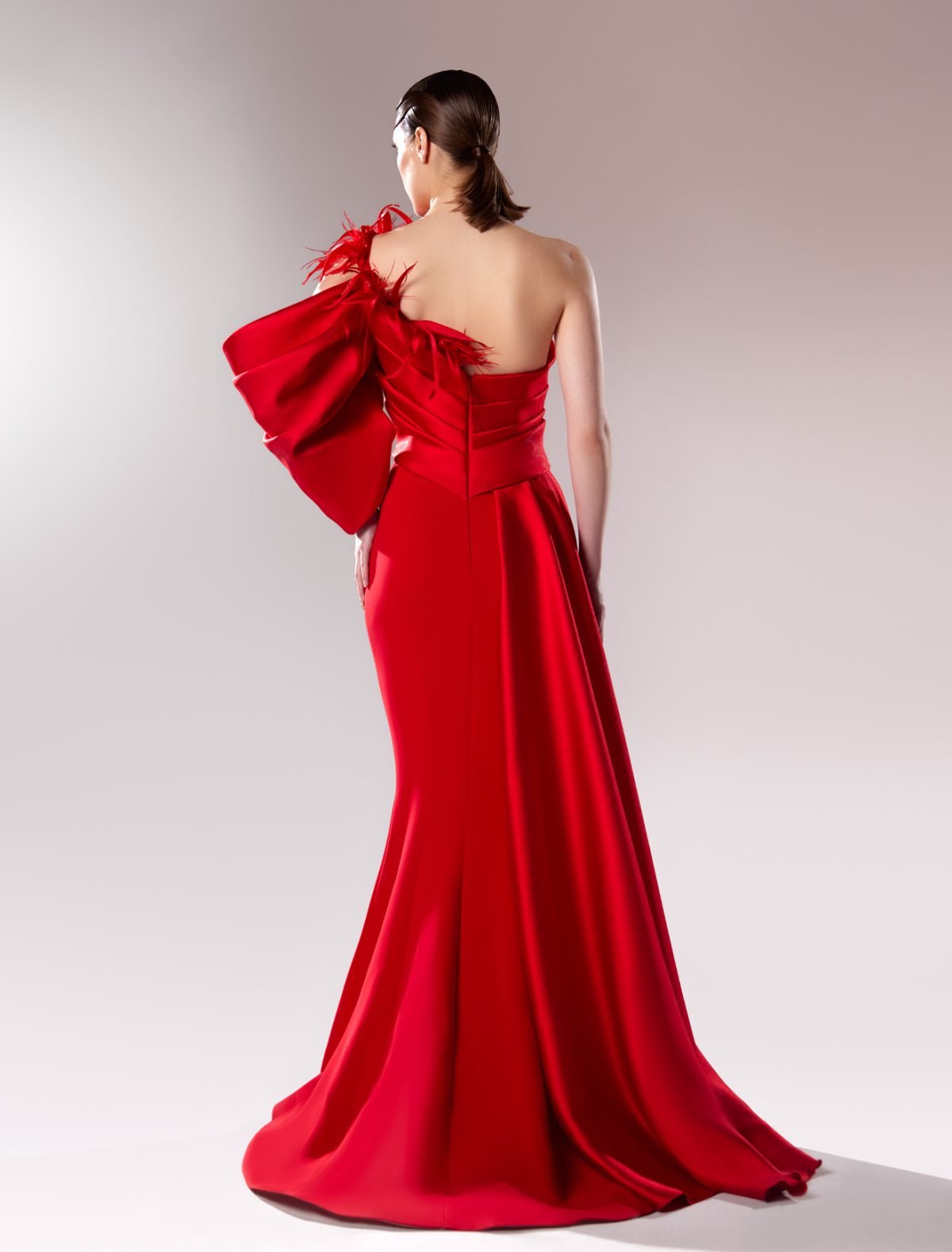 One-sleeve Draped Mermaid Long Dress with Feather Accents