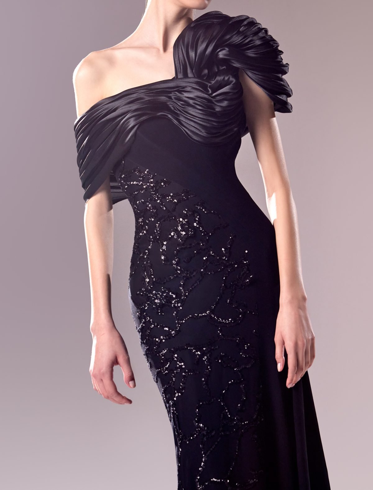 Off-The-Shoulder Black Organza and Lace Dress: Timeless Sophistication Meets Modern Elegance