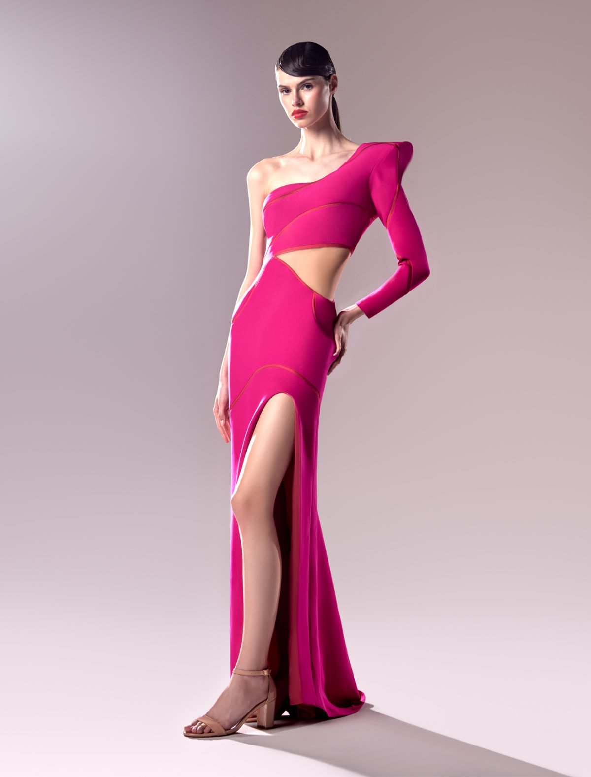 One Sleeve Fuscia Crepe Dress with Daring Waist Cutout