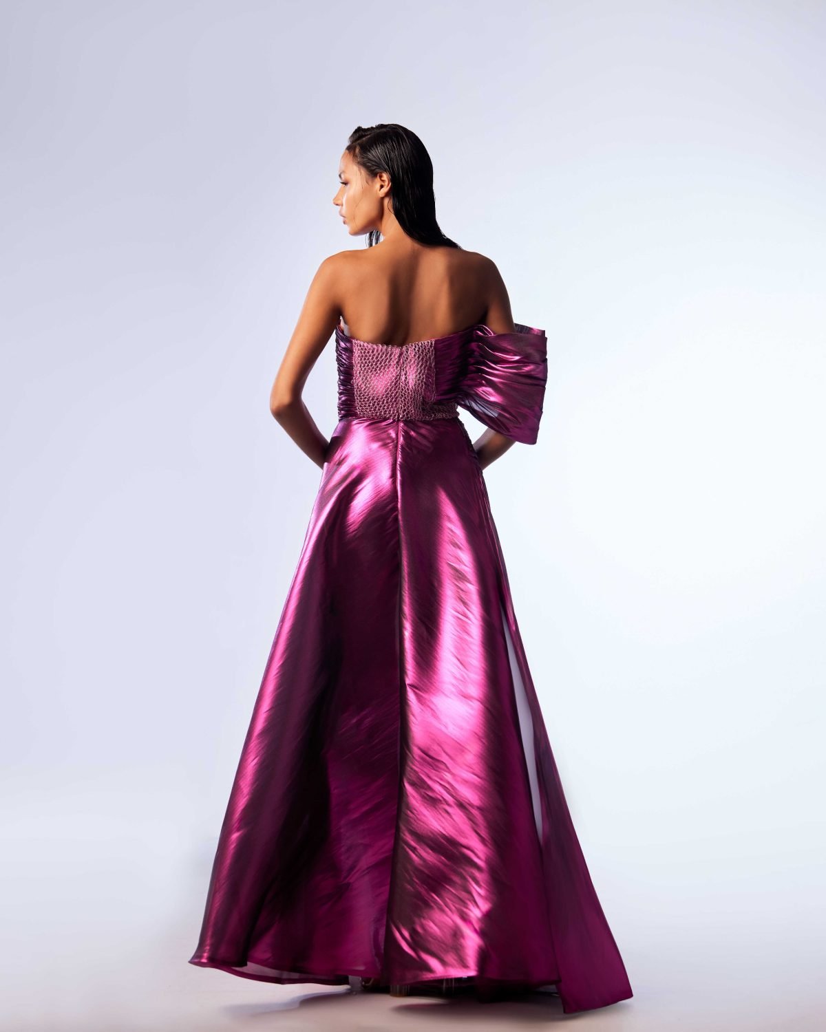 Off the Shoulder Pop Fuscia Metallic Dress