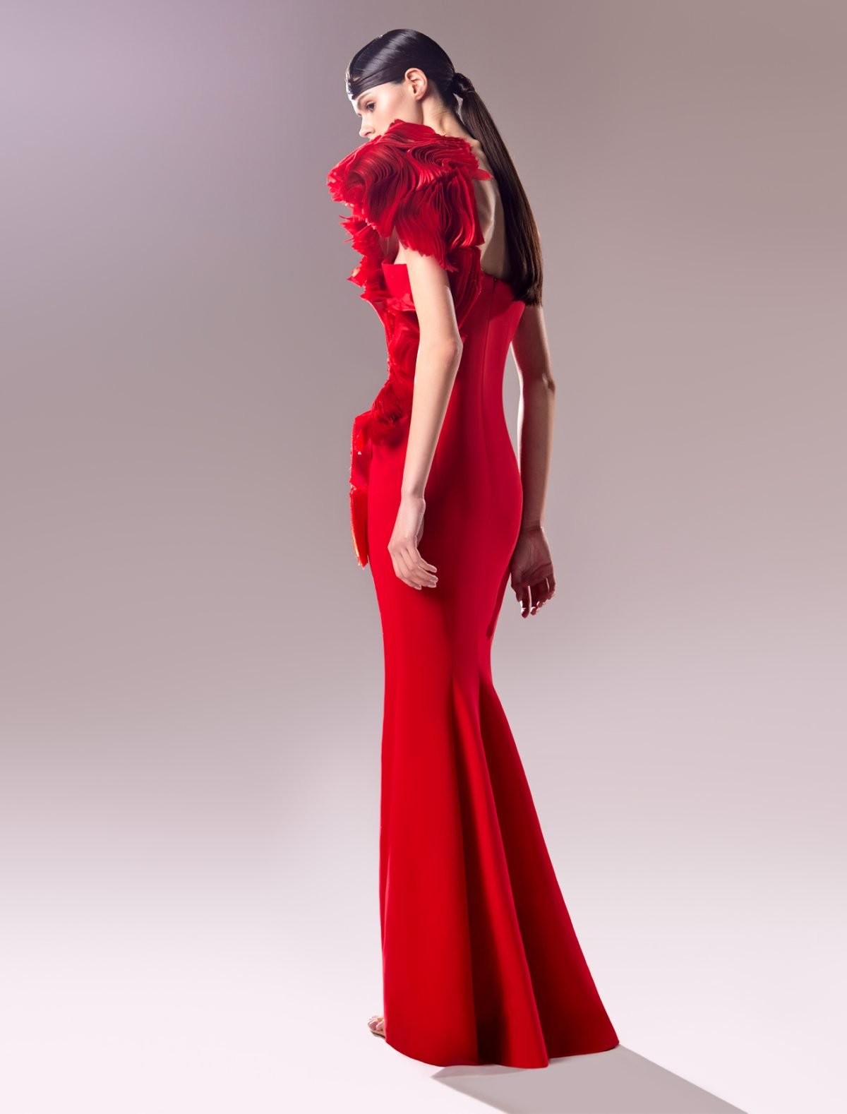 Dazzling One-Shoulder Red Dress with Organdie Manipulation