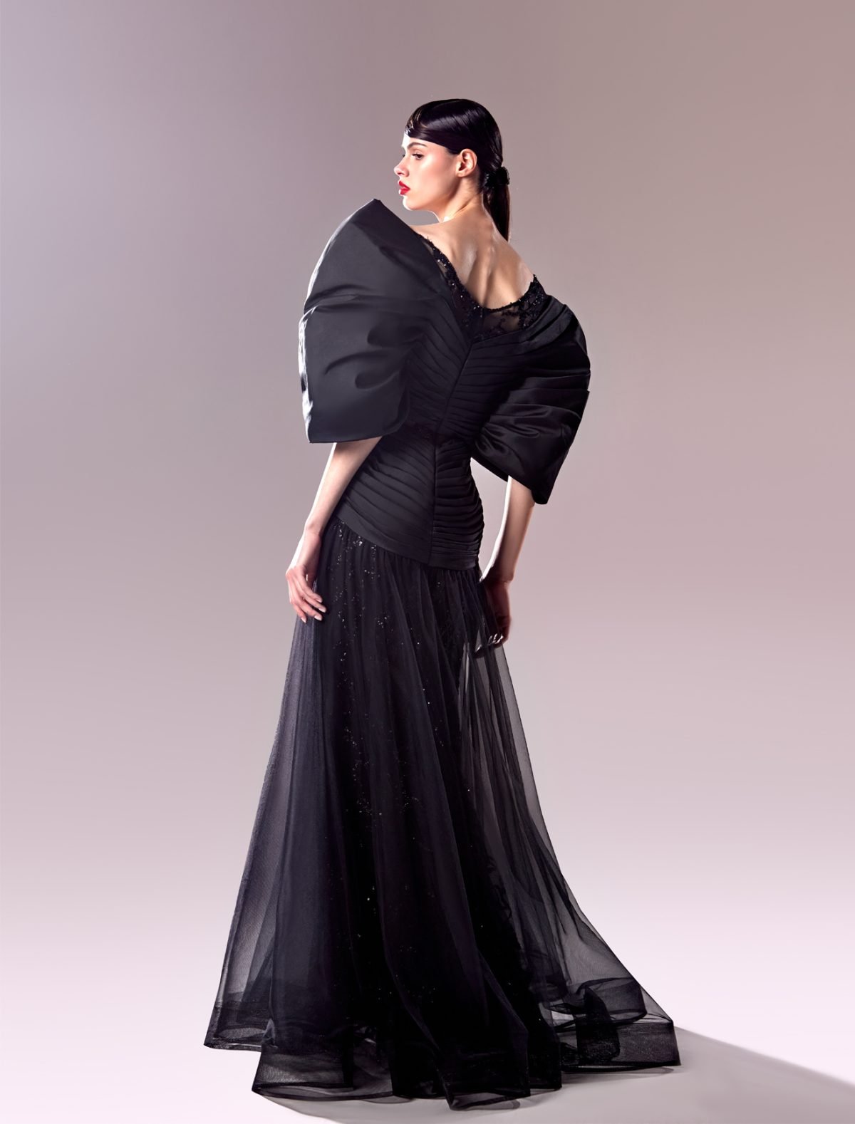 Off-the-Shoulder Taffeta and Lace Long Black Dress