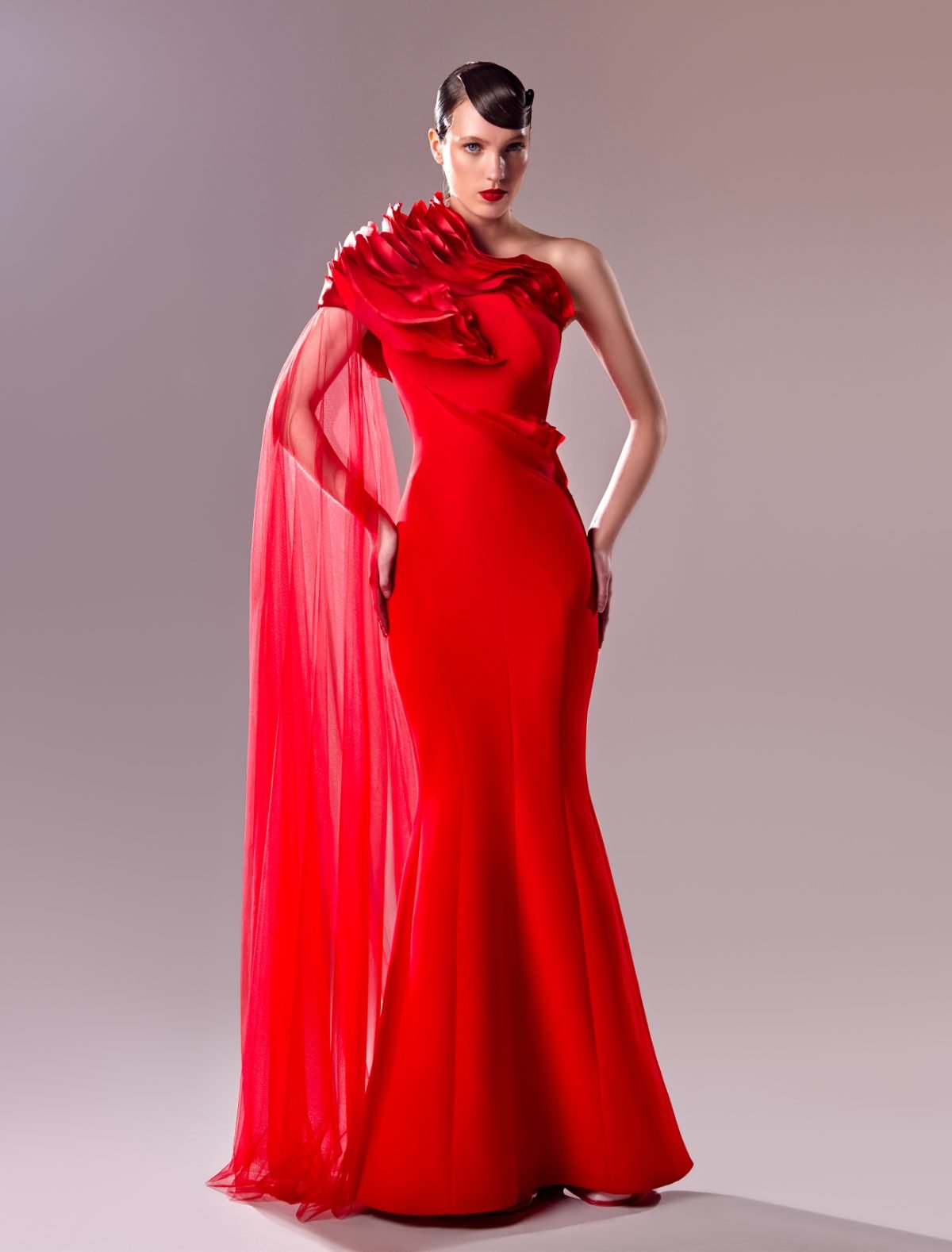 Mermaid Evening Dress with Organza Inserts and Tulle Sleeve in Red