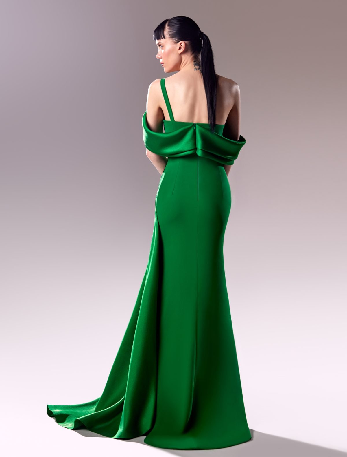 Emerald Green Off-Shoulder Draped Evening Dress
