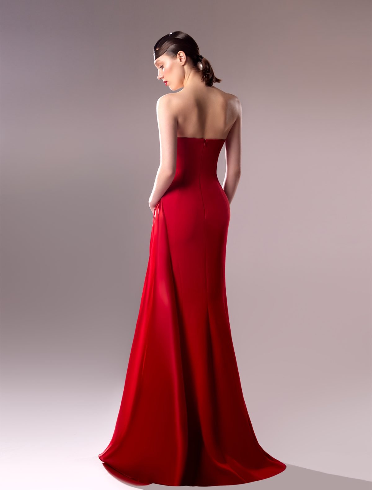 Draped Strapless Dress in Red Organdie and Crepe