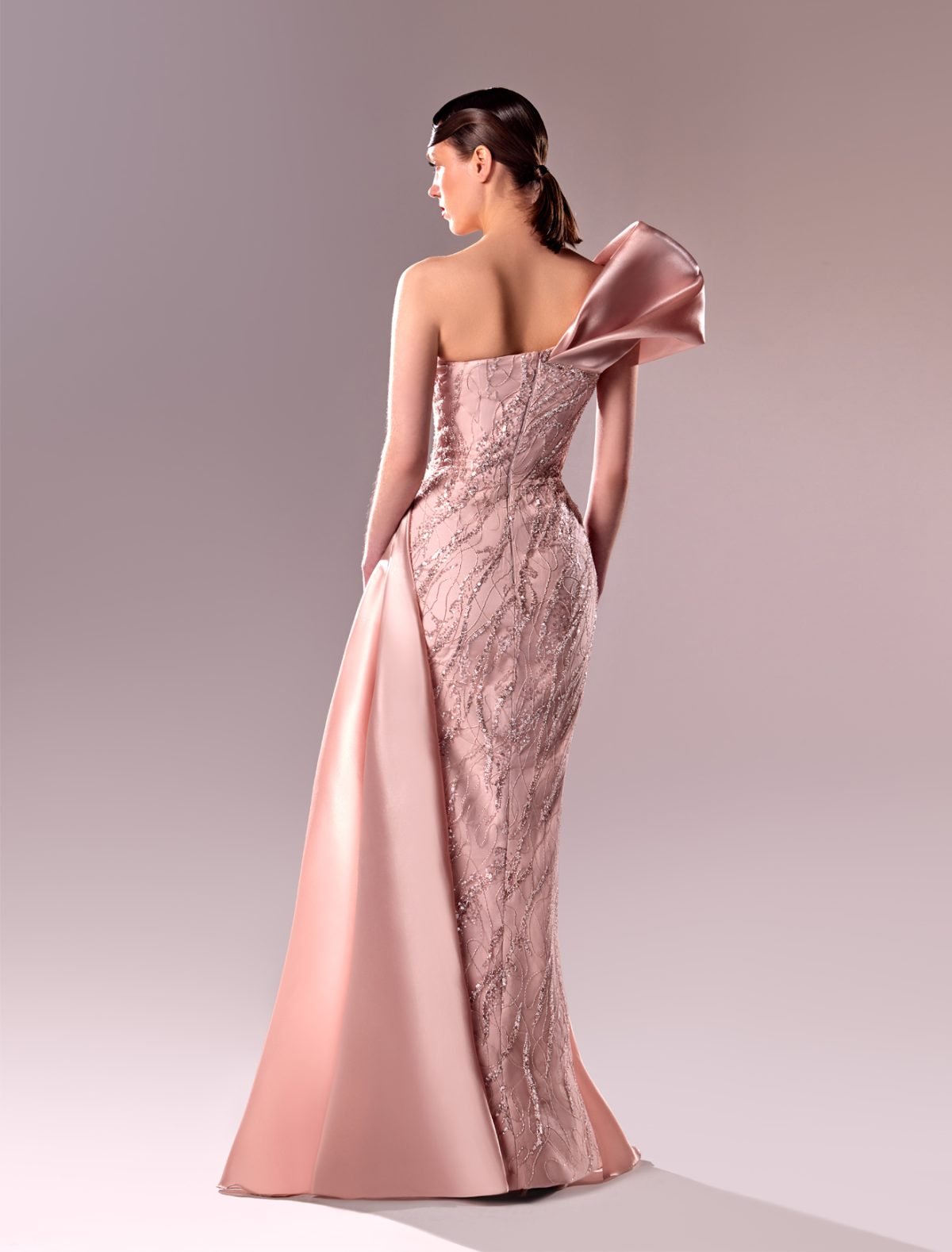 One-Shoulder Draped Organdie and Lace Evening Dress
