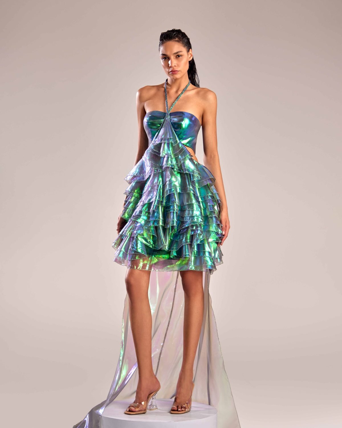 Iridescent Halter Dress with Layered Ruffles