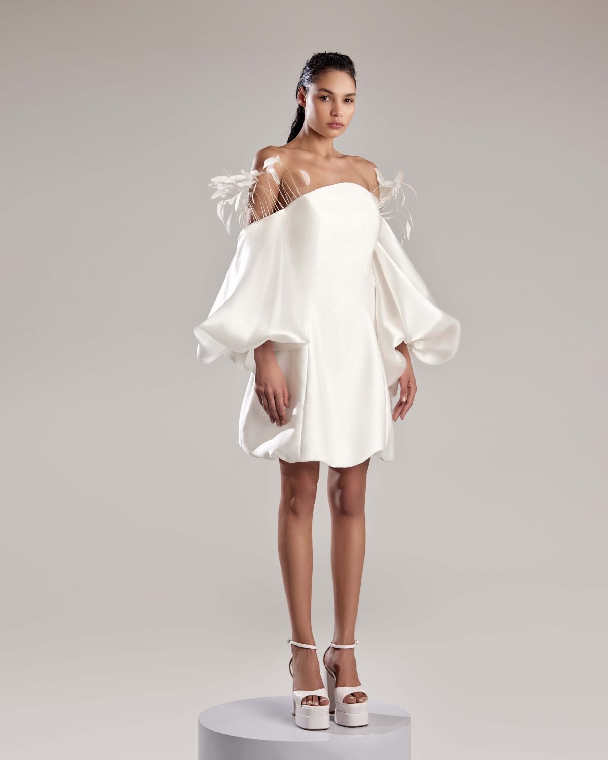 Elegant White Mikado Piqué Dress with Feathered Organza Sleeves