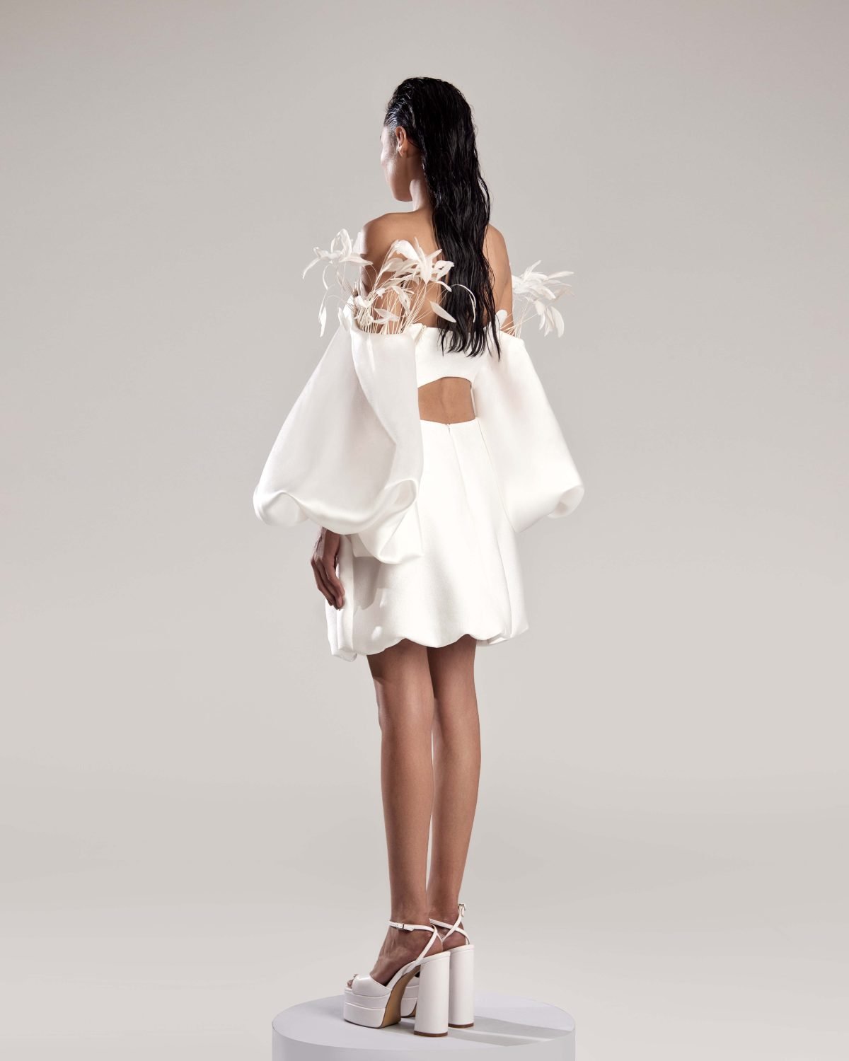 Elegant White Mikado Piqué Dress with Feathered Organza Sleeves