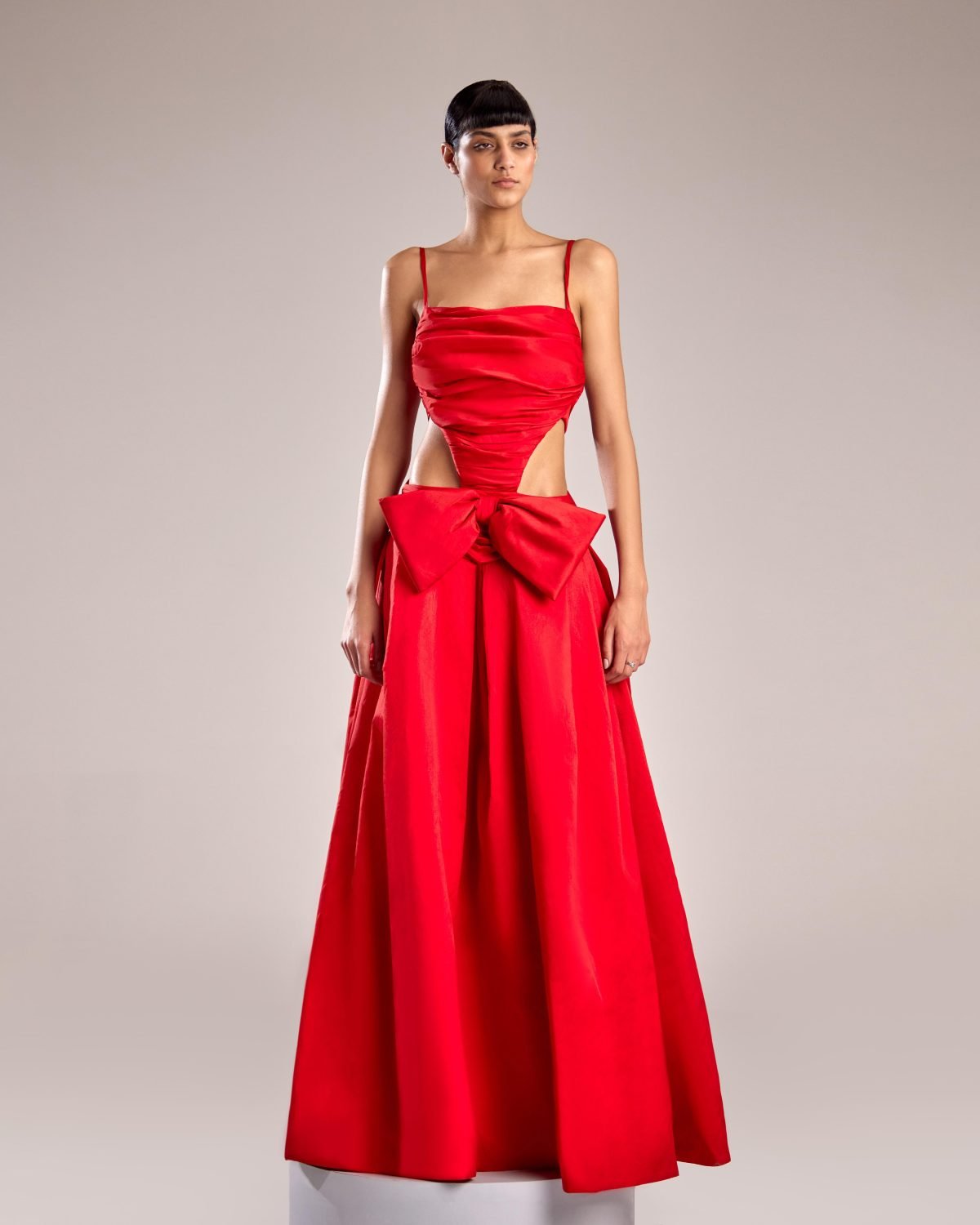 Radiant Red Taffeta Dress with Cutout and Waist Bow