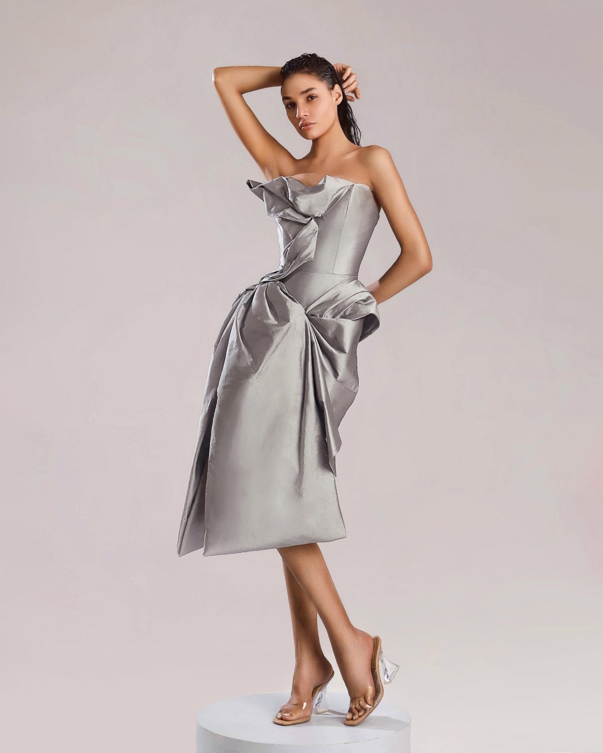 Sophisticated Silver Taffeta Dress with Sculptural Cut and Shape