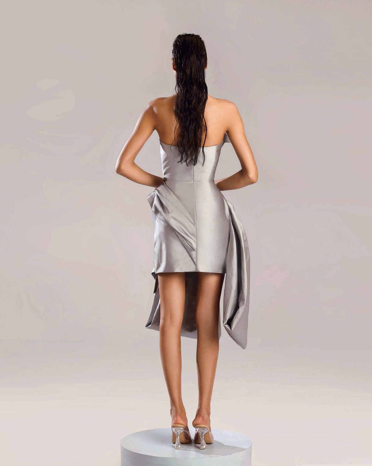 Sophisticated Silver Taffeta Dress with Sculptural Cut and Shape