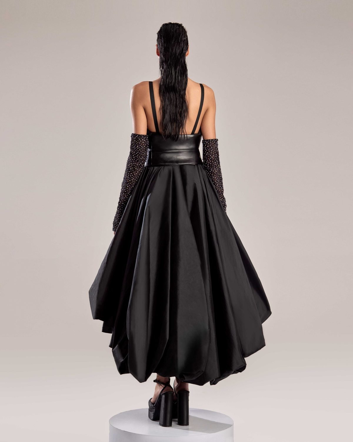 Elegant Black Taffeta Dress with Belted Waist and Crystallized Sleeves