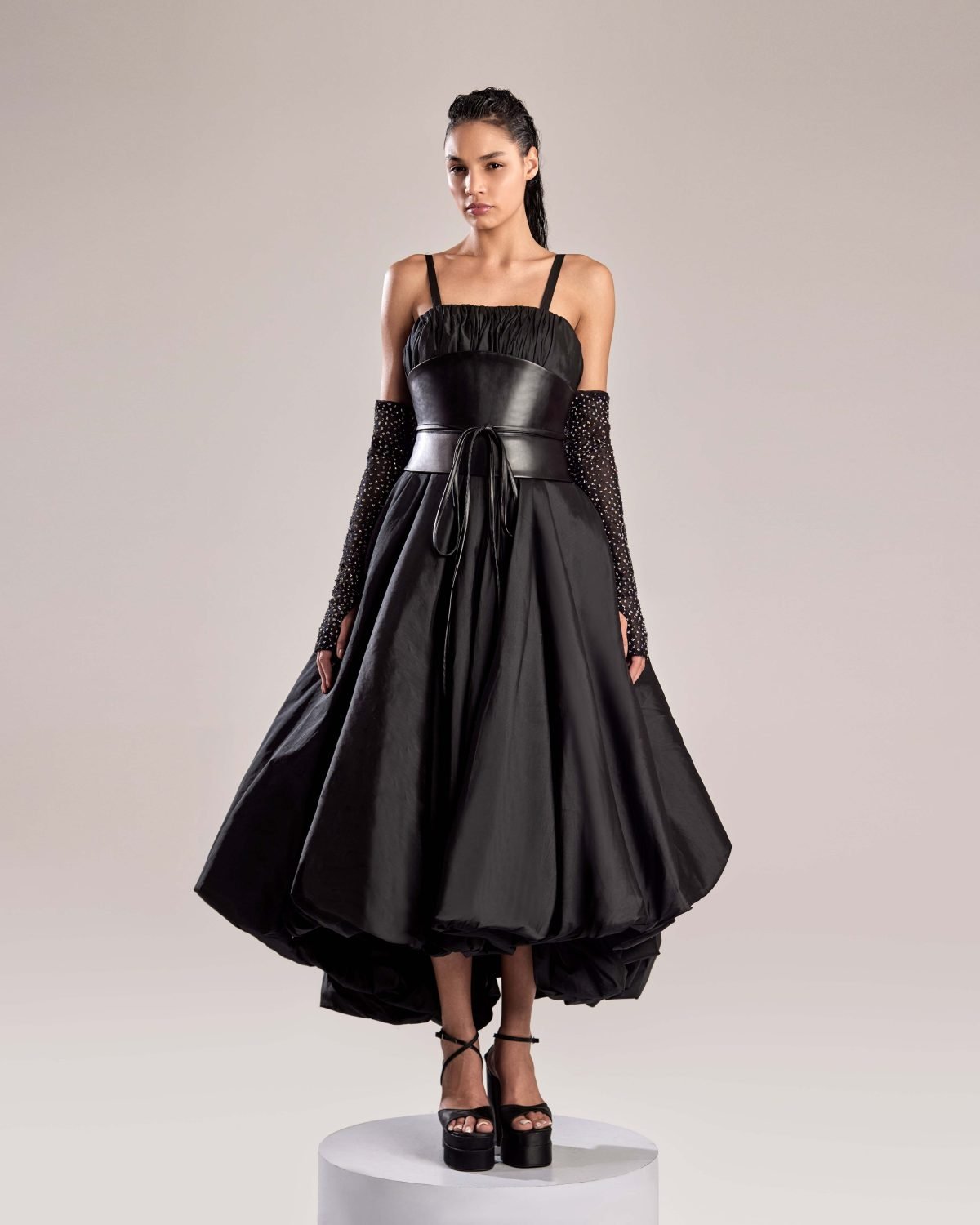 Elegant Black Taffeta Dress with Belted Waist and Crystallized Sleeves