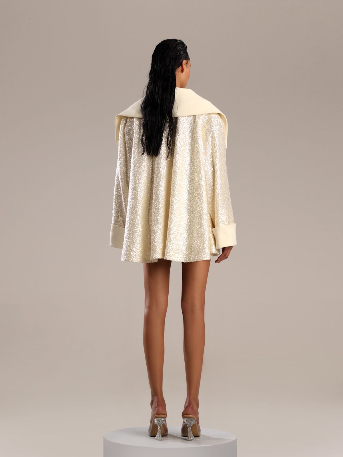 Glamorous Gold Sequin Jacket with White Taffeta Collar