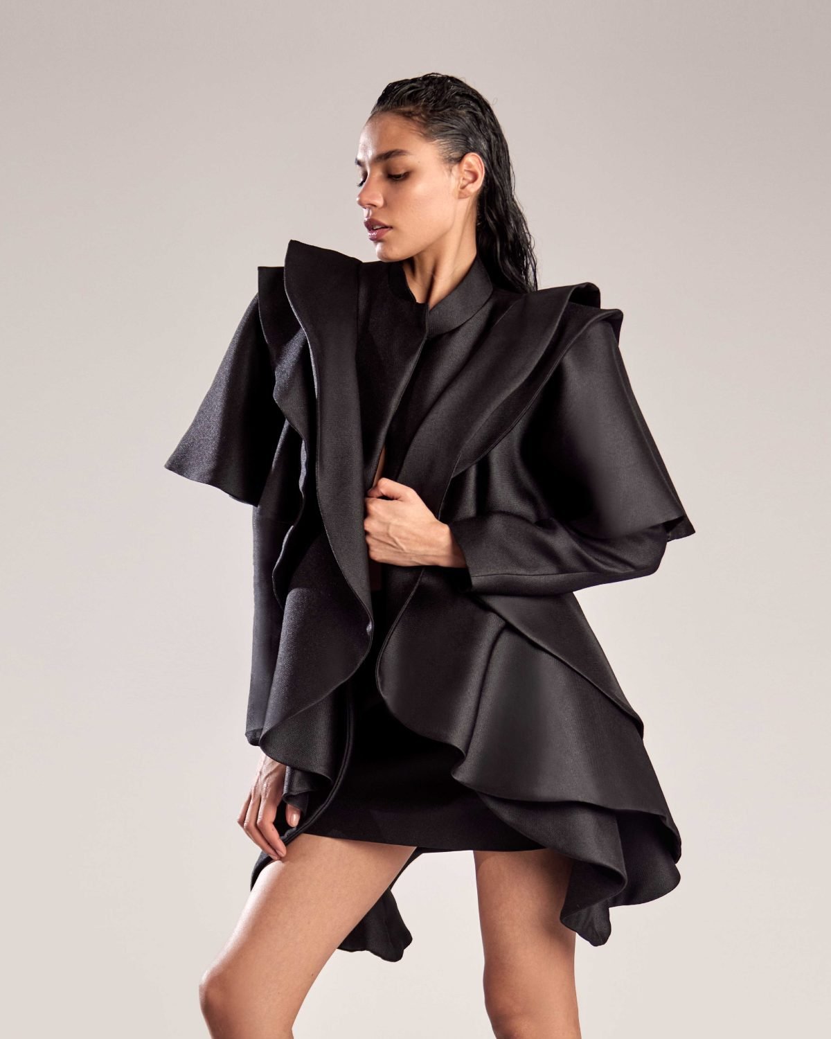 Avant-Garde Black Mikado Piqué Jacket with Dramatic Ruffles
