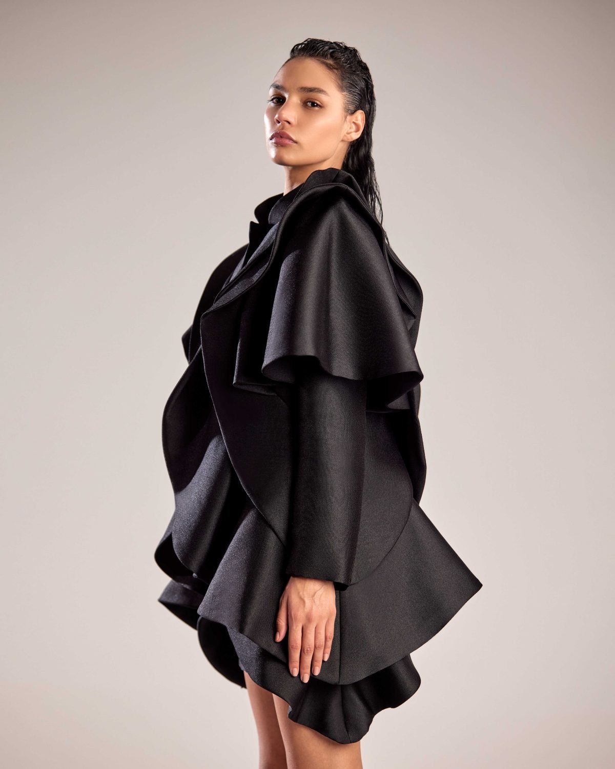 Avant-Garde Black Mikado Piqué Jacket with Dramatic Ruffles