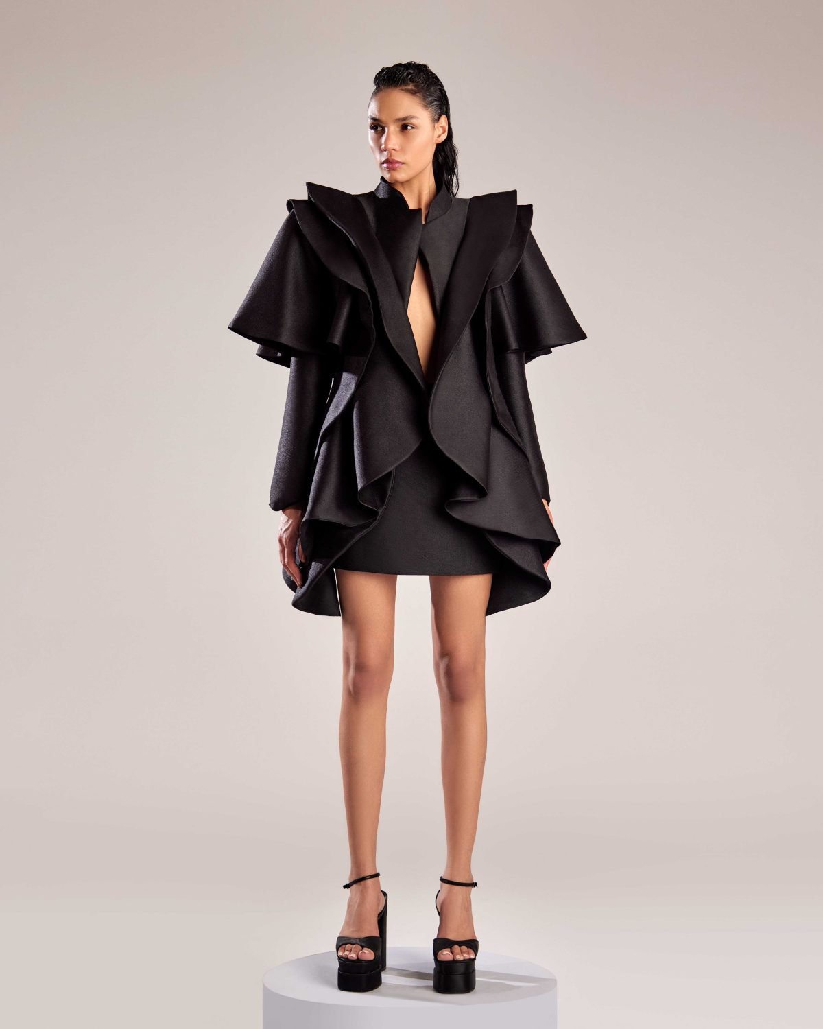 Avant-Garde Black Mikado Piqué Jacket with Dramatic Ruffles