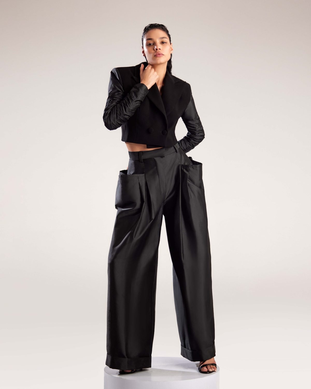 Black Cropped Crepe Jacket with Dramatic Taffeta Sleeves