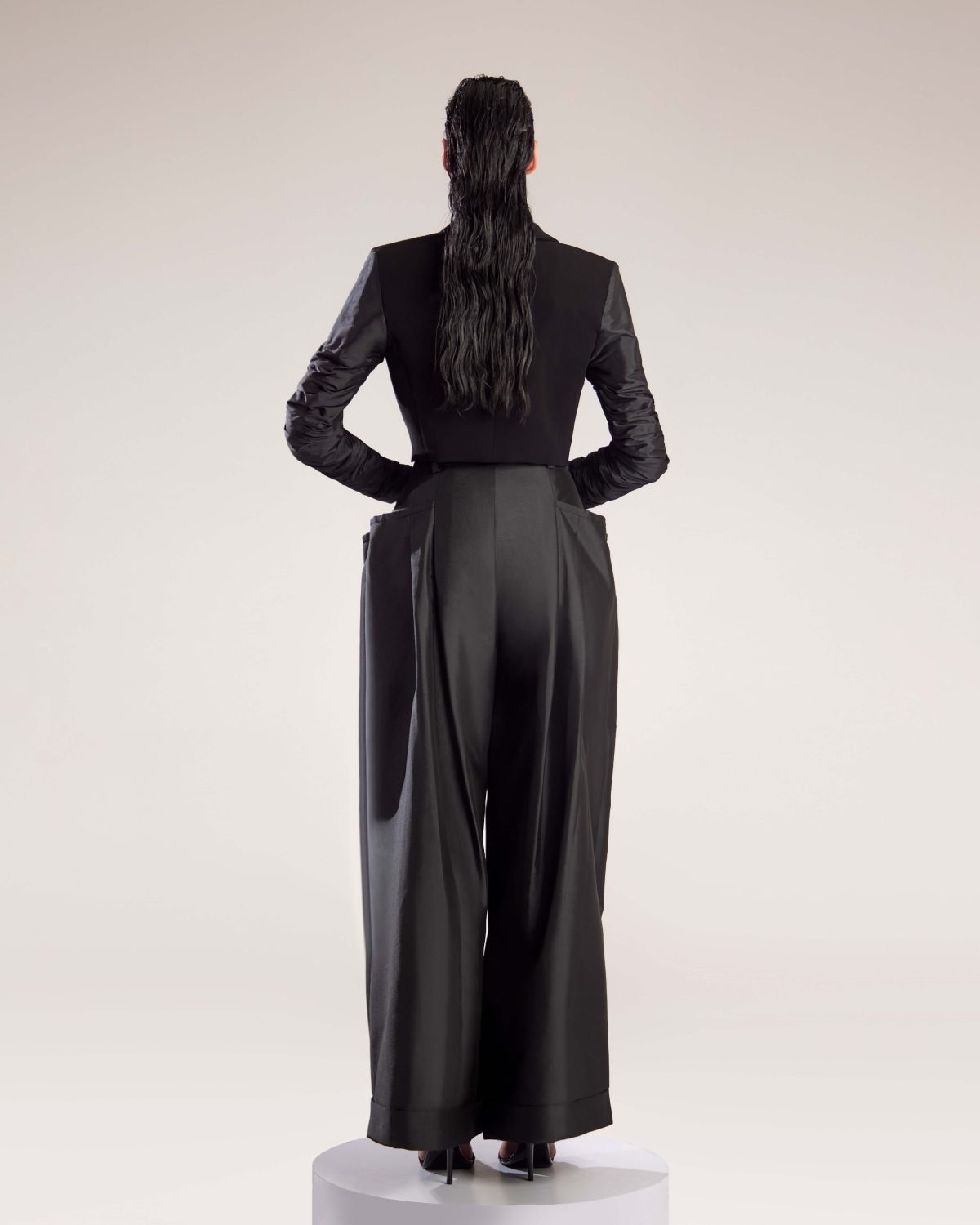 Black Cropped Crepe Jacket with Dramatic Taffeta Sleeves