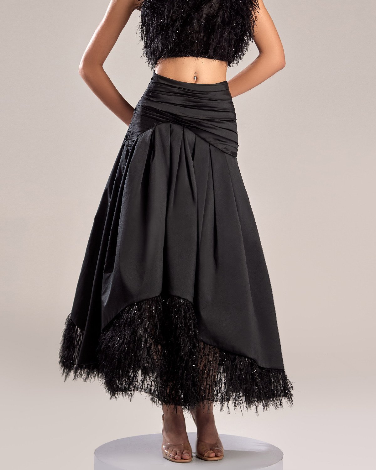 Elegant Black Taffeta and Feathered Skirt
