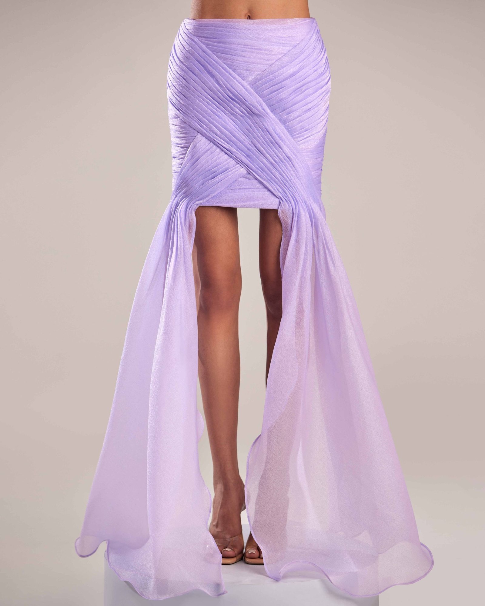 Elegant Lilac Organza Skirt with Draped Asymmetrical Layers