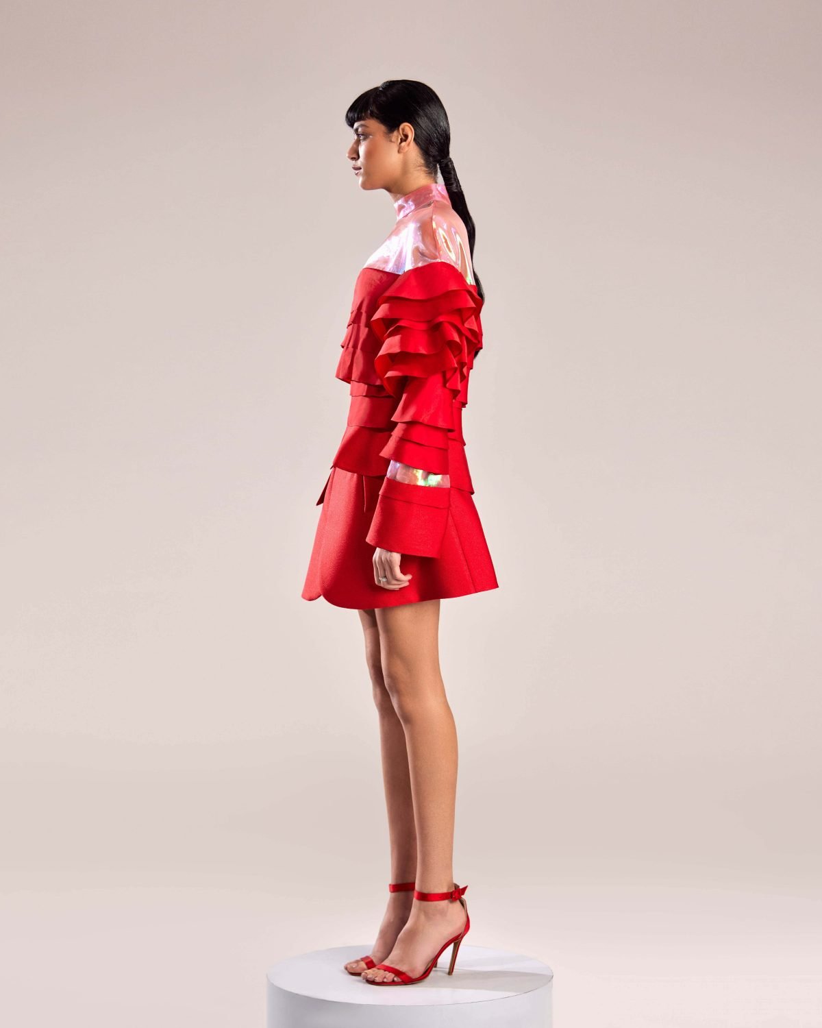 Elegant High-Waist Red Mikado Piqué Skirt with Chic Flap Pockets