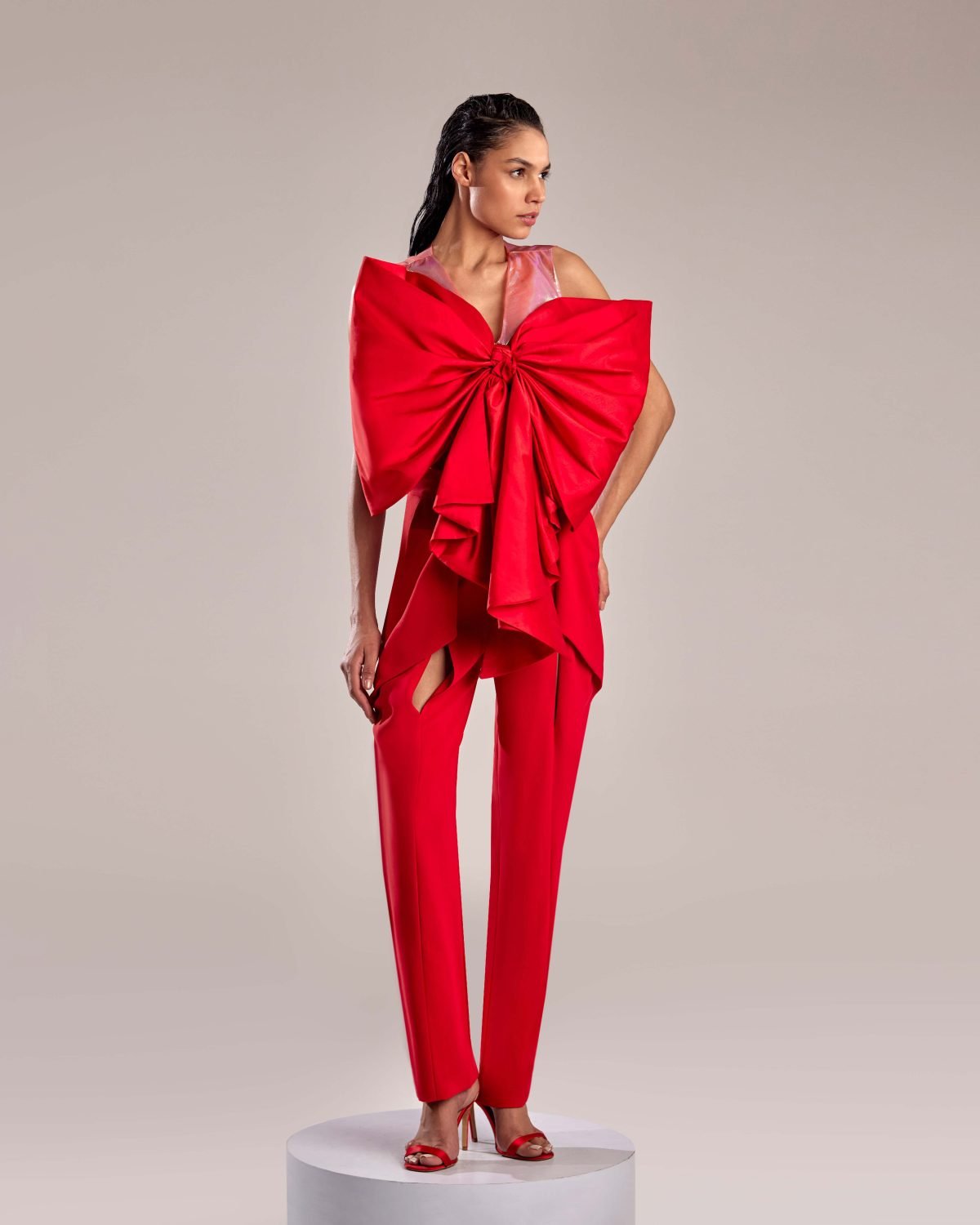 Red Taffeta Top with Iridescent Accents and See-Through Back