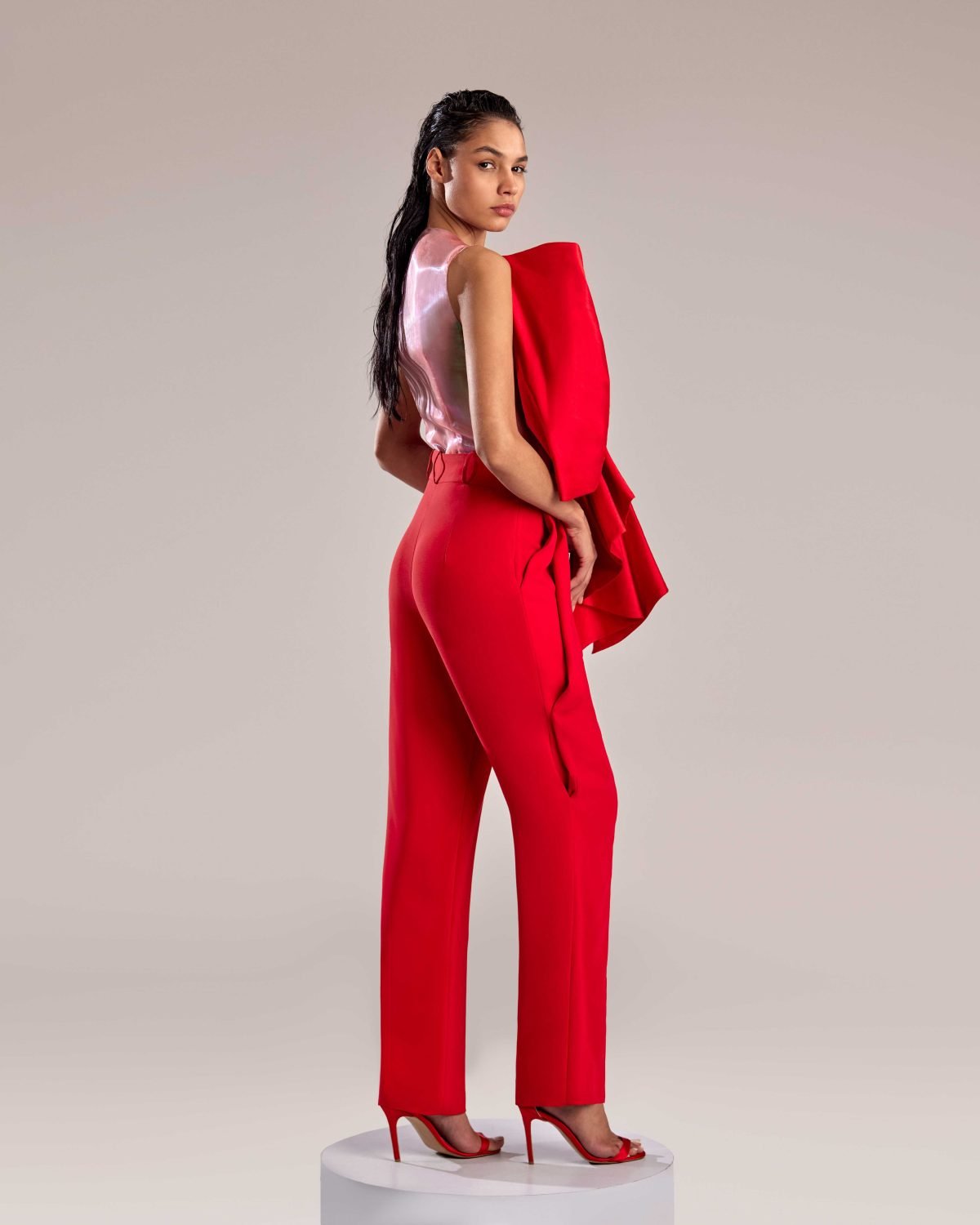 Red Taffeta Top with Iridescent Accents and See-Through Back