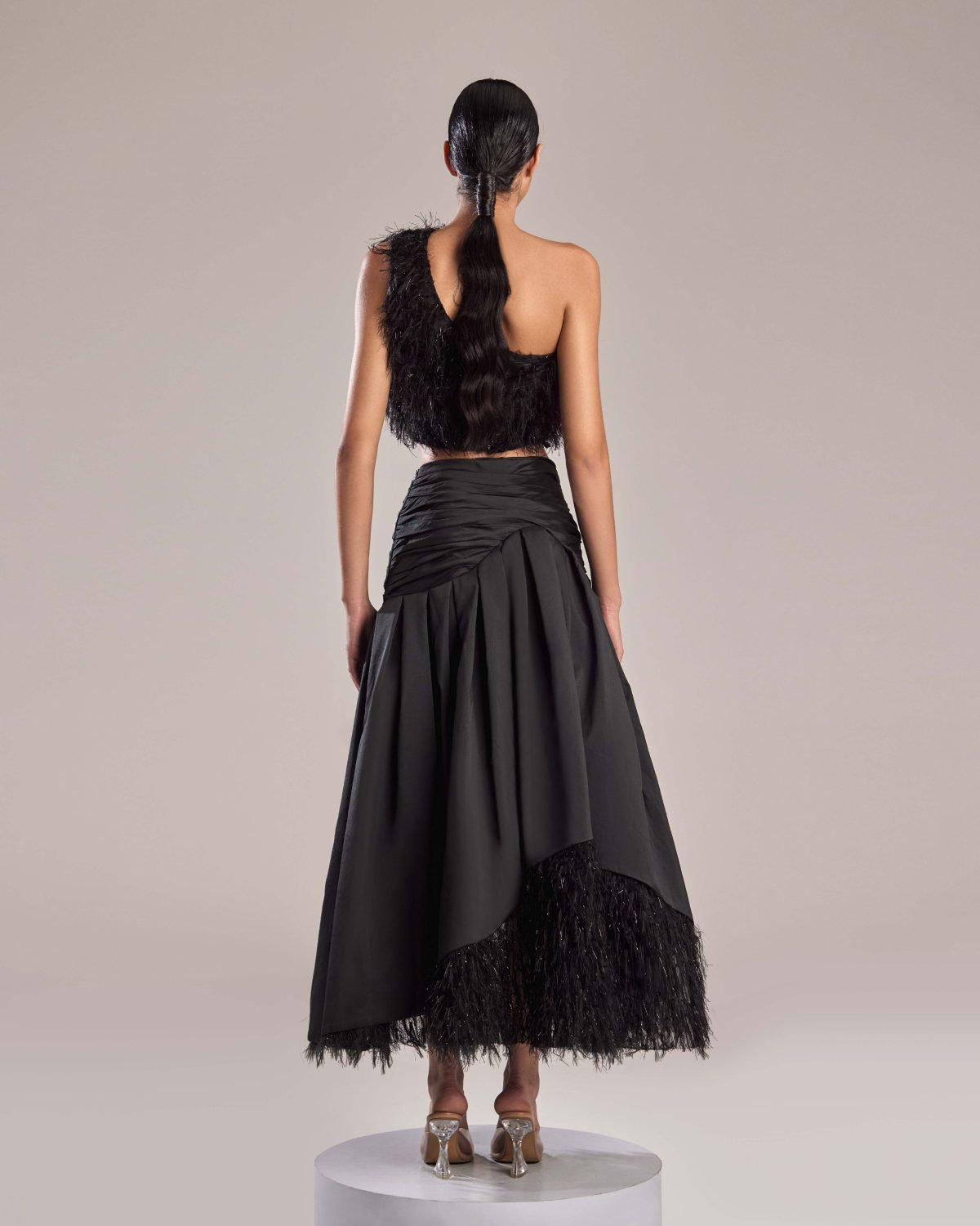 Black Feathered Fabric One-Shoulder Top for Bold Elegance