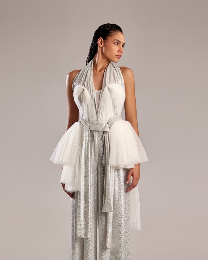 Silver Metallic Fabric Top with Pleated Tulle Accents 