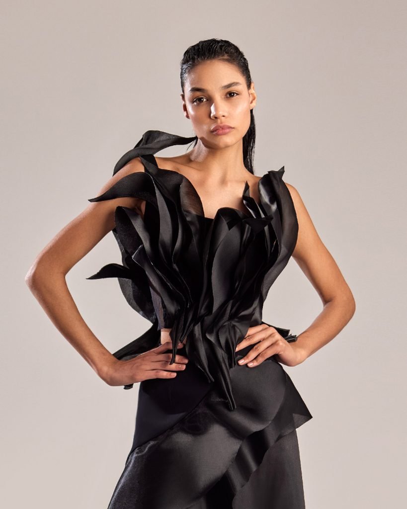 Elegant Black Organza Top with Dramatic Ruffles 