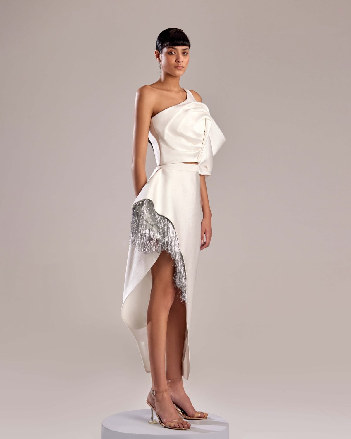 Elegant White Mikado Piqué and Feathered Silver Skirt