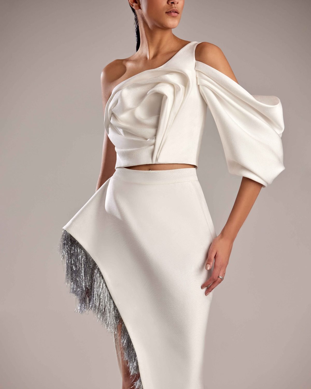 Elegant White Mikado Piqué and Feathered Silver Skirt