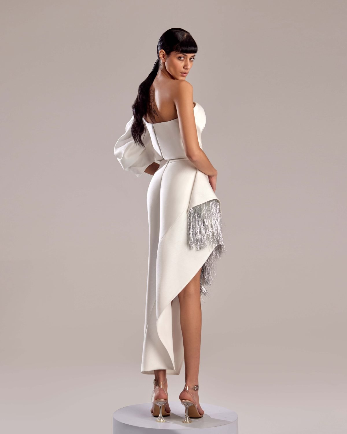 Elegant White Mikado Piqué and Feathered Silver Skirt