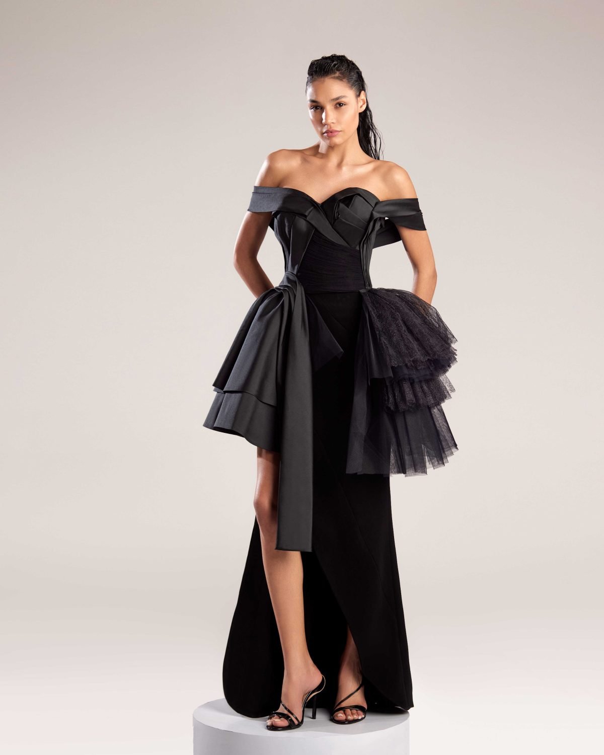 Sleek Black Crepe Skirt with High Slit and Diagonal Seams